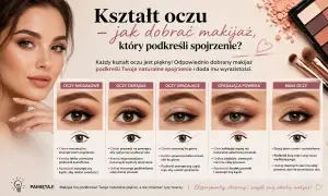 Kobieta z makijażem oczu, porównanie makijażu dla różnych kształtów oczu.