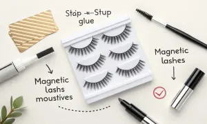 Zestaw sztucznych rzęs, pędzelek, magnetyczny eyeliner i złota karta.