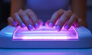 Dłonie z fioletowym lakierem żelowym w lampie UV. Czy wiesz, dlaczego żel piecze w lampie? To reakcja chemiczna.