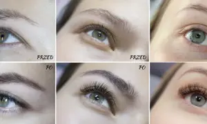 Porównanie oczu przed i po zabiegu: naturalne rzęsy vs. gęste, wydłużone rzęsy.