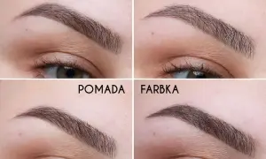 Cztery zbliżenia na brwi pomalowane różnymi produktami: cieniem, kredką, pomadą i farbką.