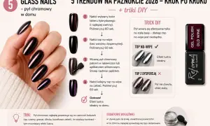 Dłoń z paznokciami w ciemnym, lustrzanym kolorze, obok instrukcja krok po kroku.