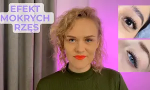 Kobieta z efektem mokrych rzęs i zbliżenia na aplikację rzęs.