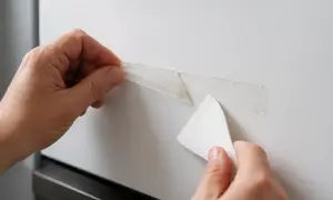 Dłonie zdejmują taśmę klejącą za pomocą białej szpachelki z białej powierzchni.