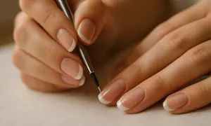Delikatne dłonie z perfekcyjnym french manicure, tworzone bez użycia pasków. Precyzyjne malowanie białej końcówki paznokcia cienkim pędzelkiem.