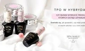 Produkty SPN Nails z TPO w kosmetykach. Eleganckie buteleczki i słoiczki z brokatem zachęcają do sprawdzenia składu.