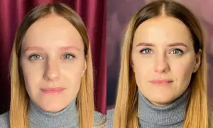 Porównanie brwi przed i po zabiegu henny pudrowej.