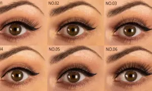 Sześć zbliżeń oka z różnymi stylizacjami kreski eyelinera i sztucznych rzęs.
