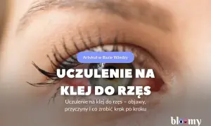 Zbliżenie na oko z przedłużonymi rzęsami, widoczne zaczerwienienie i tekst o uczuleniu na klej.