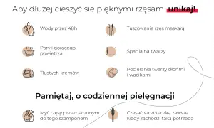 Unikaj tuszowania rzęs maskarą, pary, gorącego powietrza, tłustych kremów, spania na twarzy i pocierania. Pamiętaj o codziennej pielęgnacji, by uniknąć brudnych rzęs.