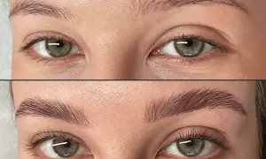Przed i po: laminacja brwi u blondynki. Naturalnie ułożone, gęstsze brwi dodają spojrzeniu wyrazistości.