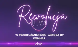 Neonowy napis "Rewolucja UV" nad tekstem "W przedłużaniu rzęs - Metodą UV Webinar".
