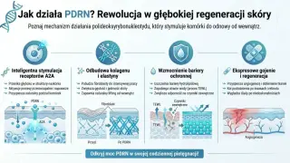PDRN co to? Grafika pokazuje, jak polideoksyrybonukleotydy (PDRN) stymulują regenerację skóry: od inteligentnej stymulacji receptorów, przez odbudowę kolagenu, wzmocnienie bariery ochronnej, po ekspresowe gojenie.