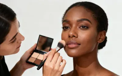 Profesjonalne szkolenia beauty: makijażystka aplikuje puder na twarz modelki.