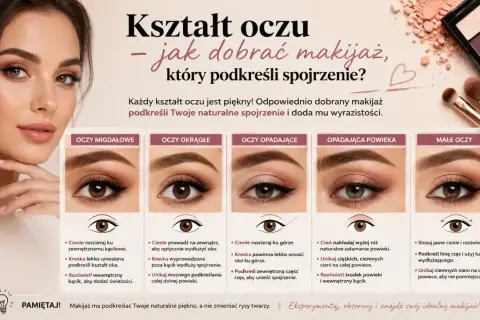 Kobieta z makijażem oczu, porównanie makijażu dla różnych kształtów oczu.