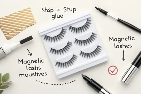 Zestaw sztucznych rzęs, pędzelek, magnetyczny eyeliner i złota karta.