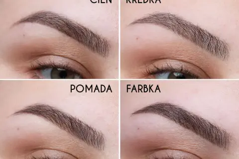 Cztery zbliżenia na brwi pomalowane różnymi produktami: cieniem, kredką, pomadą i farbką.