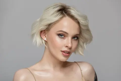 Portret młodej kobiety z krótkimi blond włosami i niebieskimi oczami, z delikatnym makijażem.