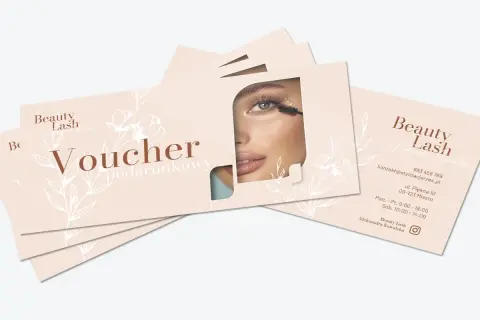 Vouchery podarunkowe Beauty Lash z wizerunkiem oka i tuszu do rzęs.