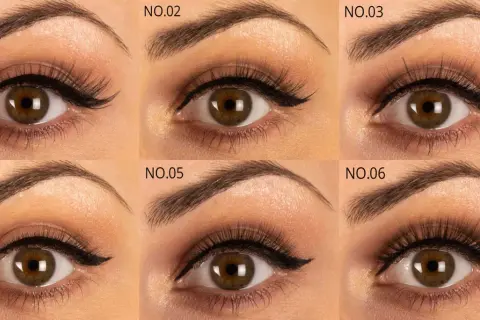 Sześć zbliżeń oka z różnymi stylizacjami kreski eyelinera i sztucznych rzęs.