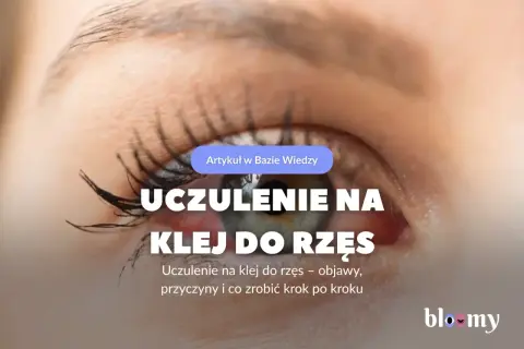 Zbliżenie na oko z przedłużonymi rzęsami, widoczne zaczerwienienie i tekst o uczuleniu na klej.