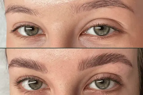 Przed i po: laminacja brwi u blondynki. Naturalnie ułożone, gęstsze brwi dodają spojrzeniu wyrazistości.