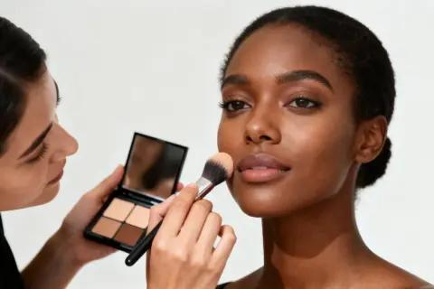 Profesjonalne szkolenia beauty: makijażystka aplikuje puder na twarz modelki.