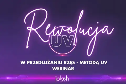 Neonowy napis "Rewolucja UV" nad tekstem "W przedłużaniu rzęs - Metodą UV Webinar".