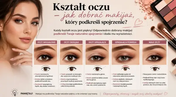 Kobieta z makijażem oczu, porównanie makijażu dla różnych kształtów oczu.