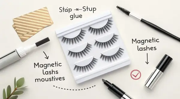 Zestaw sztucznych rzęs, pędzelek, magnetyczny eyeliner i złota karta.