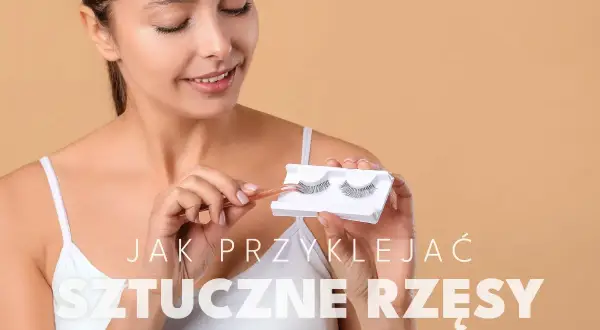 Kobieta z pęsetą trzyma sztuczne rzęsy. Dowiedz się, jak nałożyć sztuczne rzęsy krok po kroku.