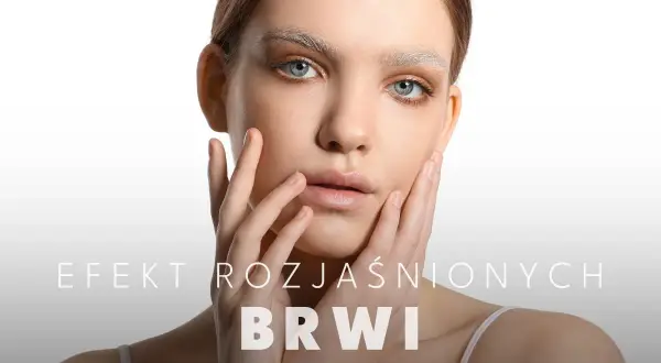 Portret młodej kobiety z rozjaśnionymi brwiami, dotykającej twarzy dłońmi.