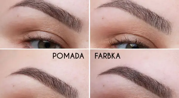 Cztery zbliżenia na brwi pomalowane różnymi produktami: cieniem, kredką, pomadą i farbką.