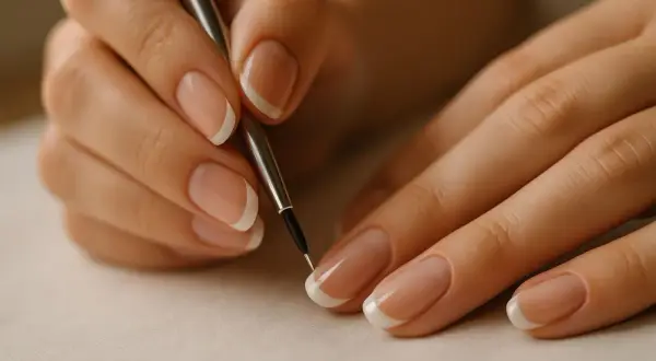 Delikatne dłonie z perfekcyjnym french manicure, tworzone bez użycia pasków. Precyzyjne malowanie białej końcówki paznokcia cienkim pędzelkiem.