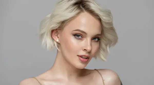 Portret młodej kobiety z krótkimi blond włosami i niebieskimi oczami, z delikatnym makijażem.