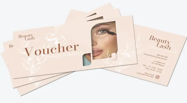 Vouchery podarunkowe Beauty Lash z wizerunkiem oka i tuszu do rzęs.