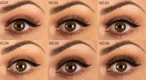 Sześć zbliżeń oka z różnymi stylizacjami kreski eyelinera i sztucznych rzęs.