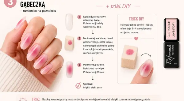 Efekt rumieńca na paznokciach krok po kroku. Idealne dla kursy kosmetologia, by stworzyć modny manicure.