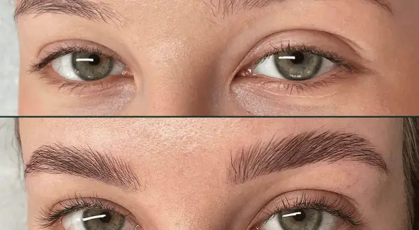 Przed i po: laminacja brwi u blondynki. Naturalnie ułożone, gęstsze brwi dodają spojrzeniu wyrazistości.