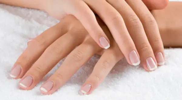 Dłonie z klasycznym french manicure. Delikatny róż i biel sprawiają, że palce wyglądają na dłuższe i smuklejsze. Jaki kolor paznokci wyszczupla palce? Ten subtelny french manicure!
