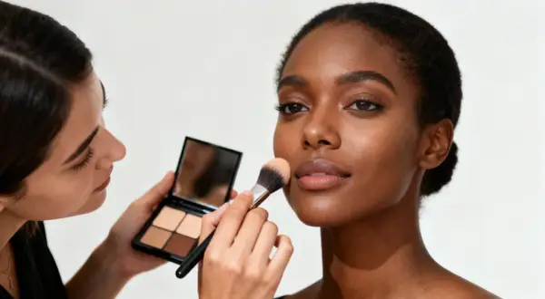 Profesjonalne szkolenia beauty: makijażystka aplikuje puder na twarz modelki.
