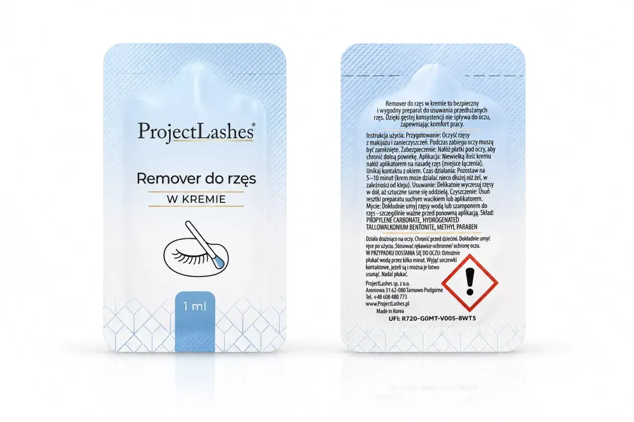 Opakowanie kremowego removera do rzęs ProjectLashes z aplikatorem.