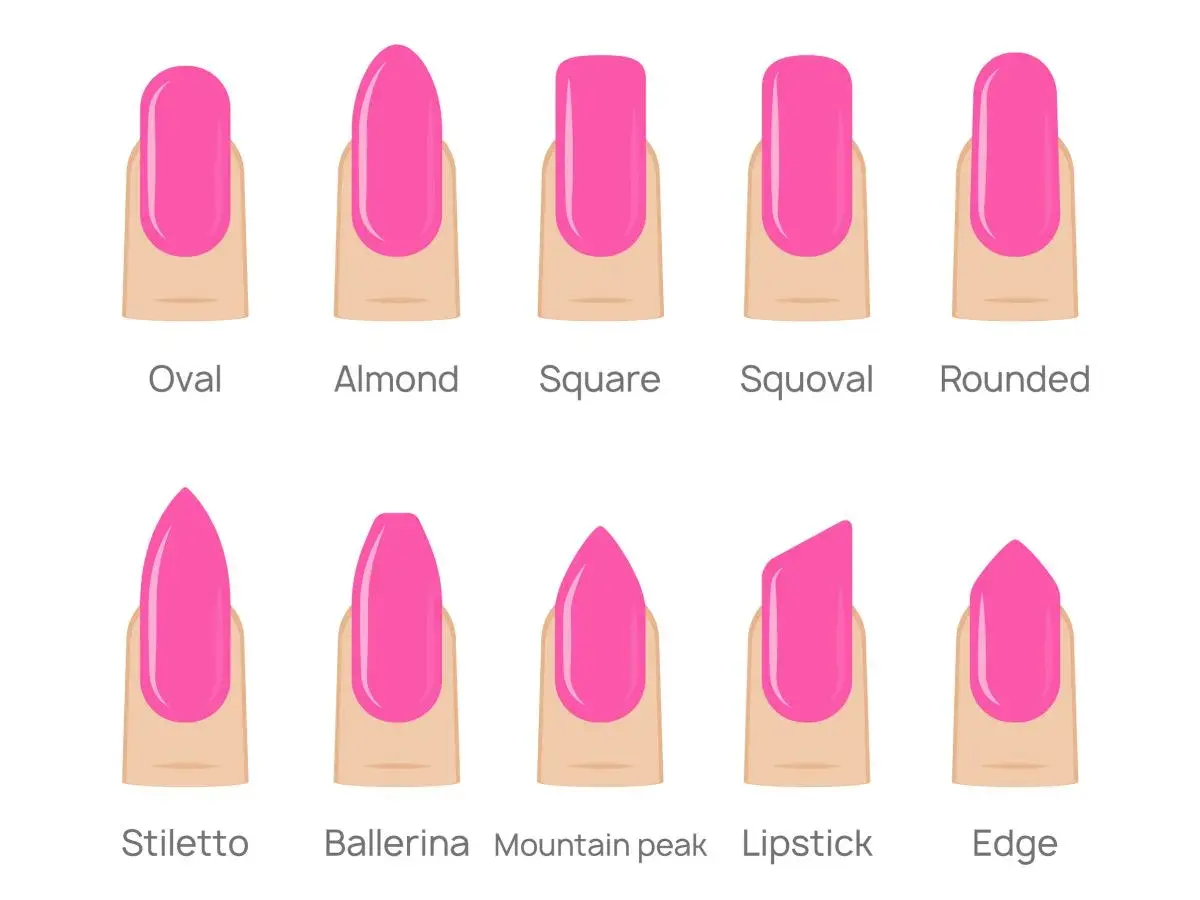 Odkryj, jaki kształt paznokci wyszczupla palce: owalny, migdałowy, kwadratowy, squoval, zaokrąglony, szpiczasty, balerina, mountain peak, lipstick, edge.
