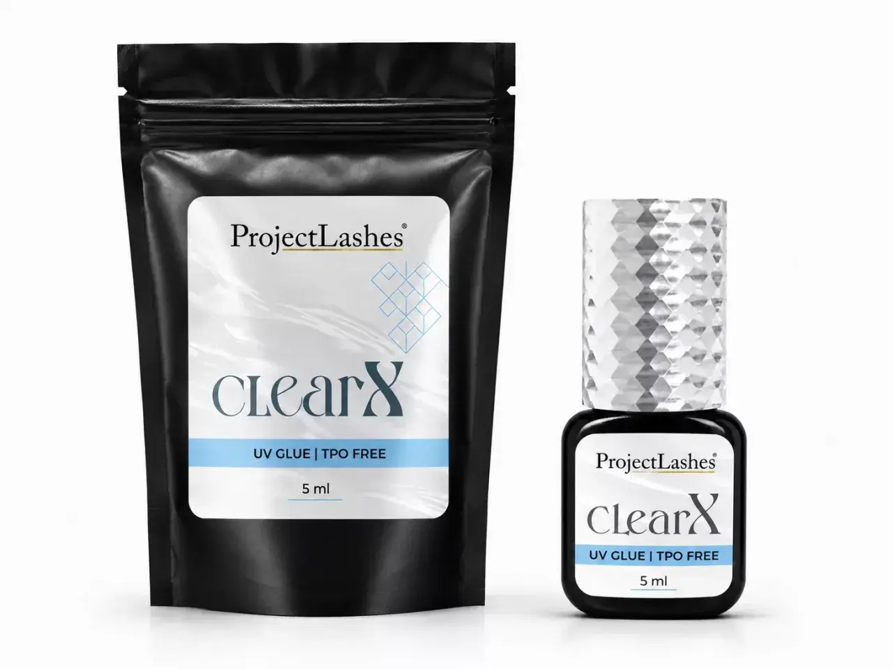 Czarny woreczek i buteleczka z klejem do rzęs Project Lashes ClearX.