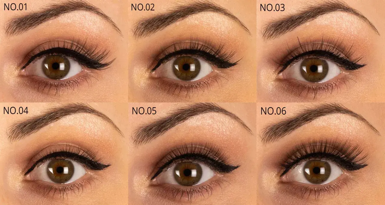 Sześć zbliżeń oka z różnymi stylizacjami kreski eyelinera i sztucznych rzęs.