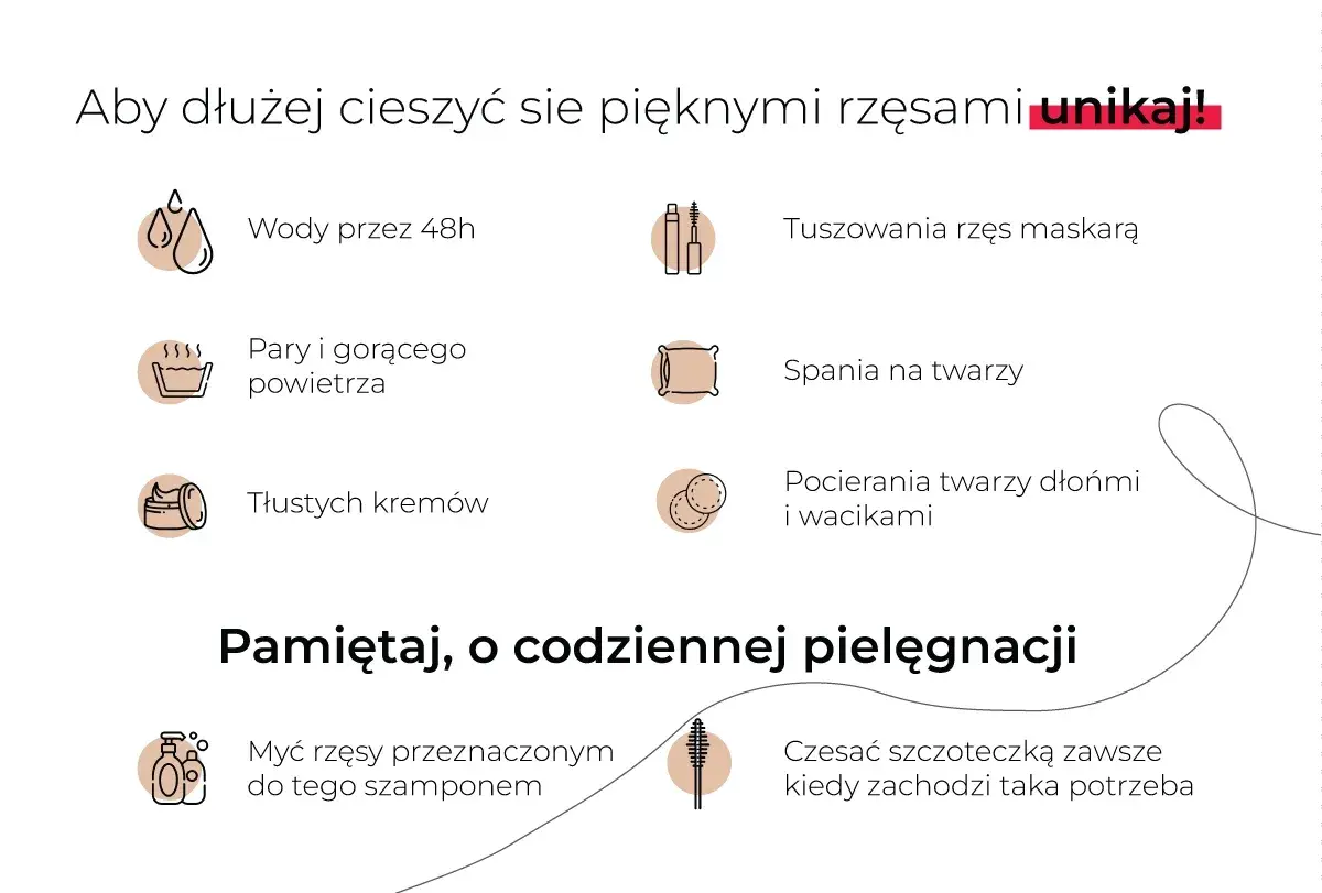 Unikaj tuszowania rzęs maskarą, pary, gorącego powietrza, tłustych kremów, spania na twarzy i pocierania. Pamiętaj o codziennej pielęgnacji, by uniknąć brudnych rzęs.