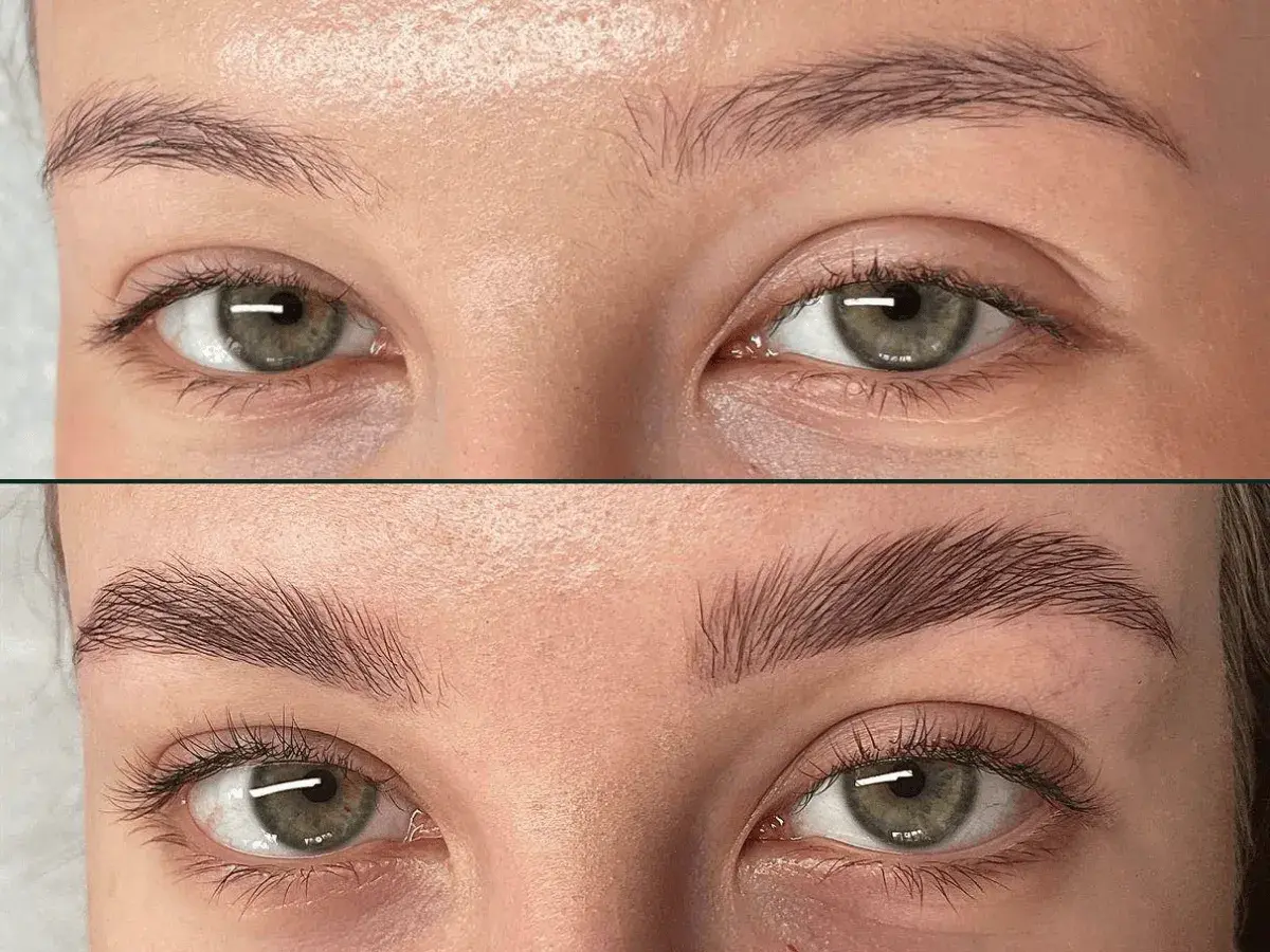 Przed i po: laminacja brwi u blondynki. Naturalnie ułożone, gęstsze brwi dodają spojrzeniu wyrazistości.