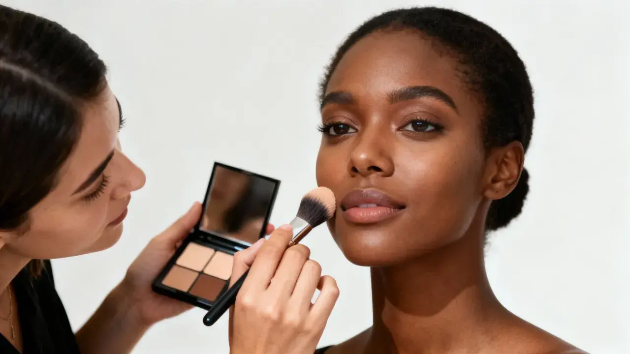 Profesjonalne szkolenia beauty: makijażystka aplikuje puder na twarz modelki.