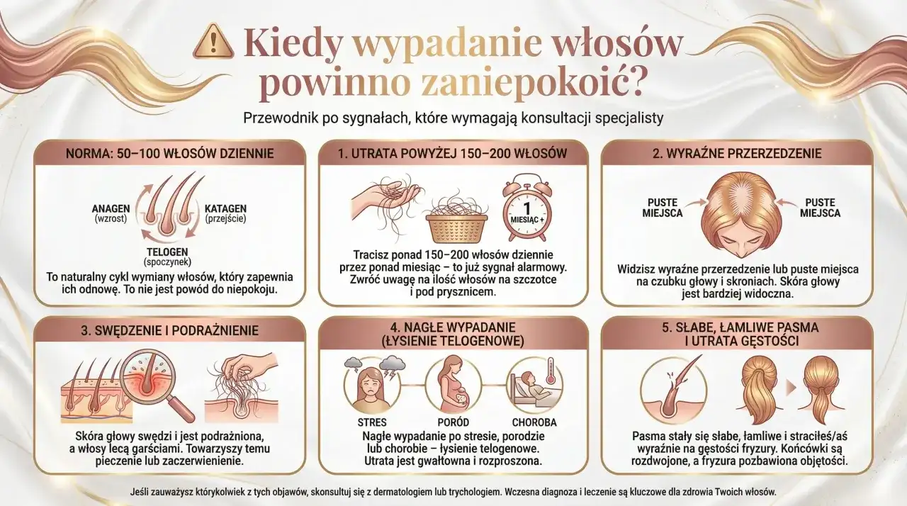 Zauważasz nadmierne wypadanie włosów? Grafika pokazuje sygnały alarmowe: utratę ponad 150-200 włosów dziennie, przerzedzenie, swędzenie skóry głowy, nagłe wypadanie po stresie, porodzie lub chorobie, a także słabe, łamliwe pasma.