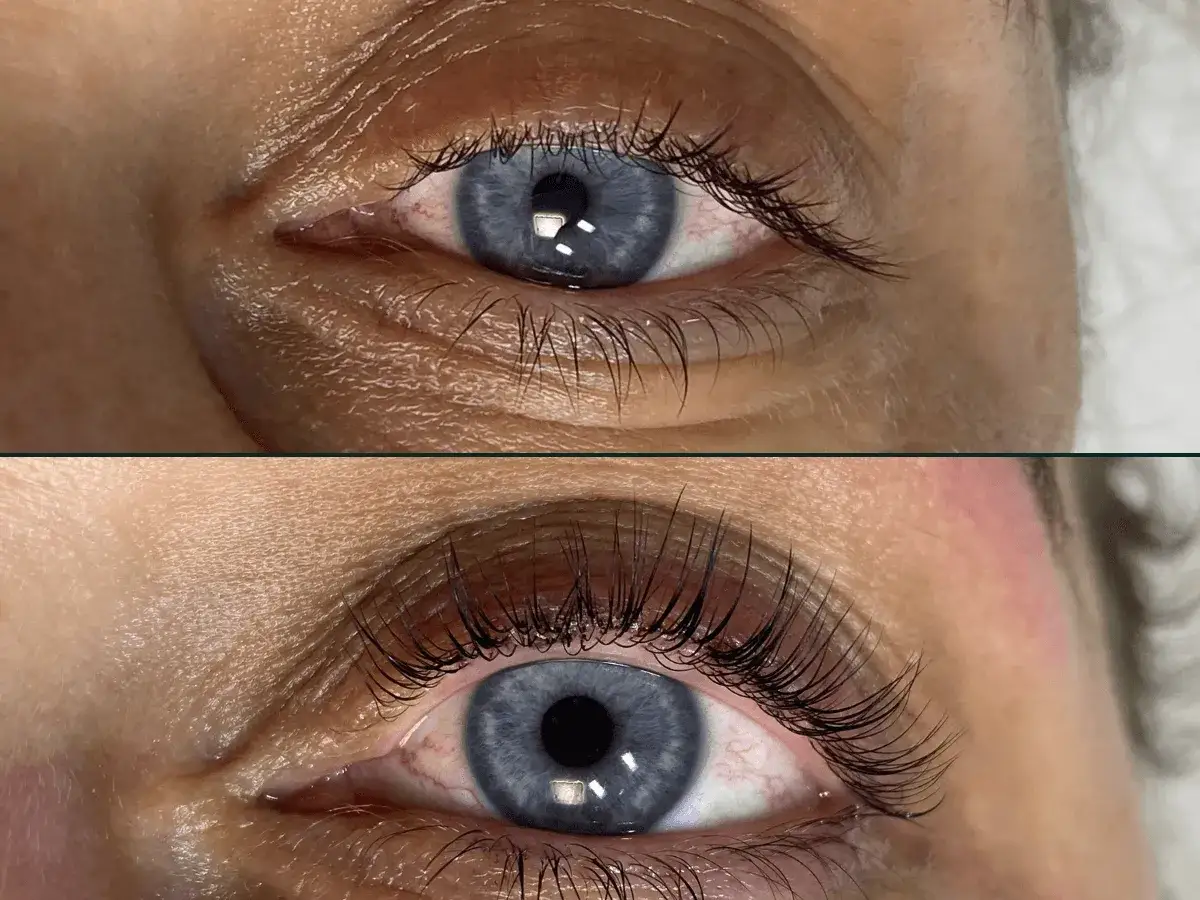 Oko przed i po laminacji rzęs: naturalne, proste rzęsy kontra pięknie podkręcone i wydłużone. Efekt wow!